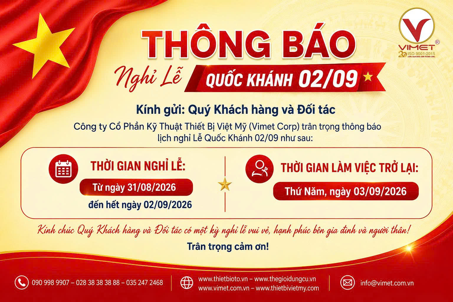 VIMET CORP Thông Báo Lịch Nghỉ Lễ Quốc Khánh 2/9/2026