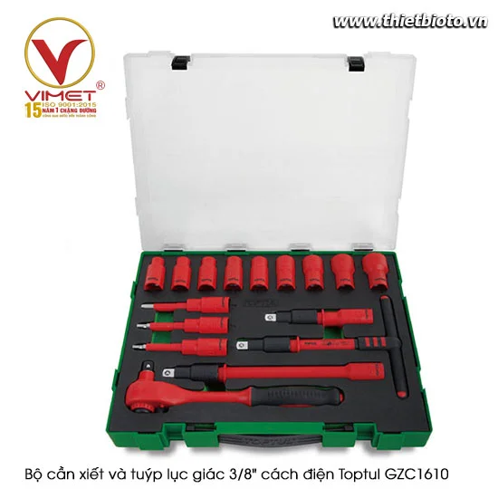 Bộ cần xiết và đầu tuýp 3/8" cách điện 16 chi tiết Toptul GZC1610