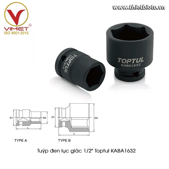 Tuýp đen lục giác 1/2" TOPTUL KABA1632