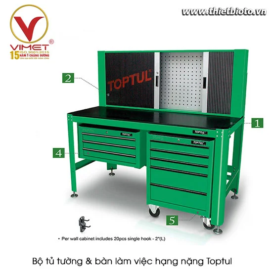 Bộ tủ tường & bàn làm việc hạng nặng Toptul TAAA1607 / TAAD1602 / TBAA0304 / TCAB0501